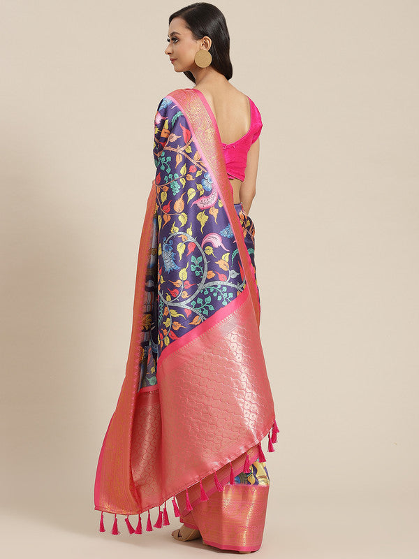 Navy Blue Art Silk Digital Print Floral Saree with Unstitched Blouse - Hiral Fashion - Distacart