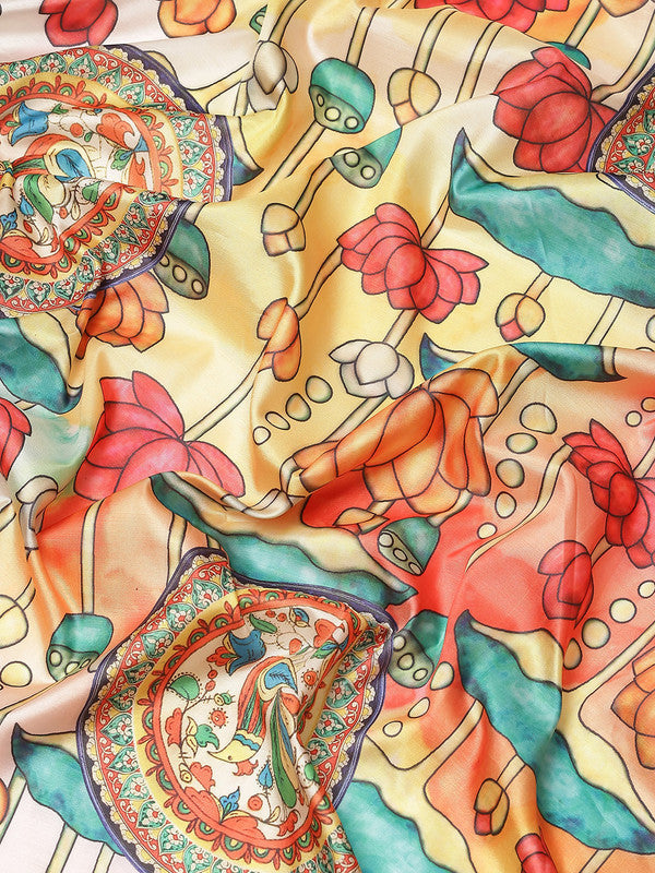 Off White Art Silk Digital Print Floral Saree with Unstitched Blouse - Hiral Fashion - Distacart