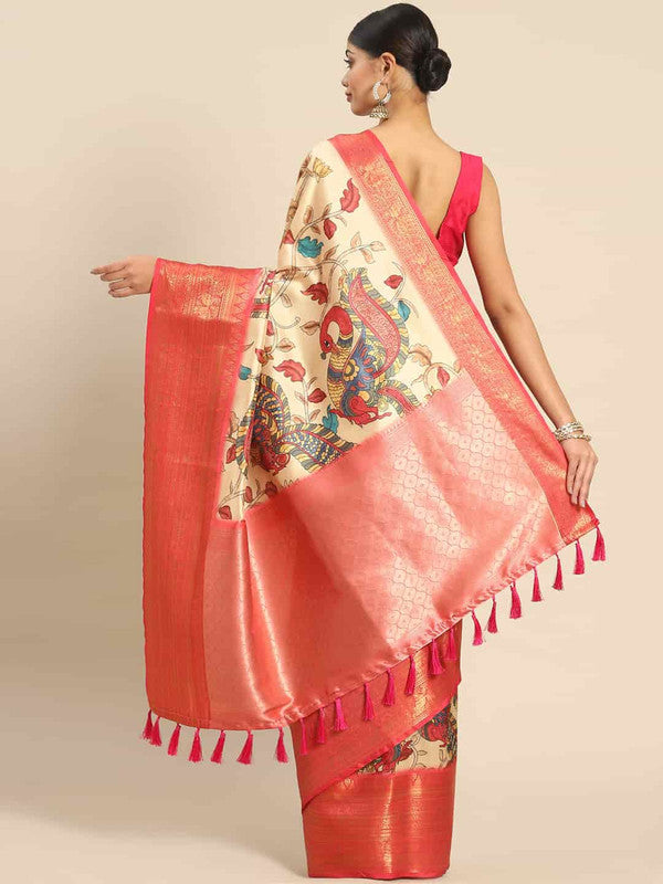 Beige Art Silk Printed Kalamkari Saree with Unstitched Blouse - Hiral Fashion - Distacart