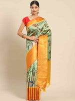 Thumbnail for Green Art Silk Printed Kalamkari Saree with Unstitched Blouse - Hiral Fashion - Distacart