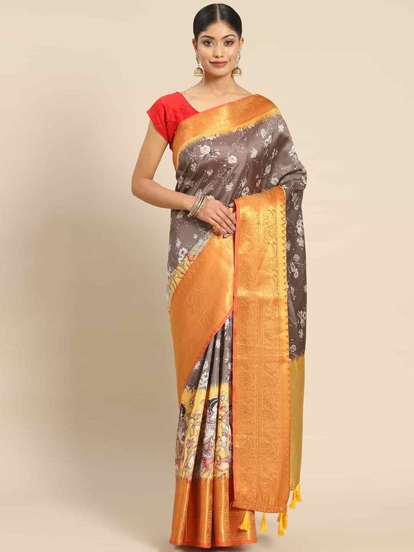 Gray Art Silk Printed Kalamkari Saree with Unstitched Blouse - Hiral Fashion - Distacart