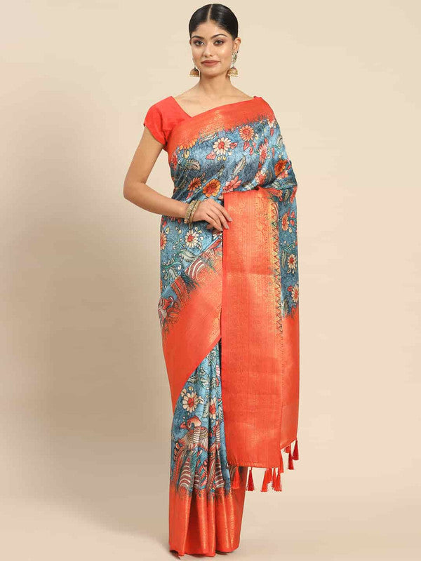 Multicolor Art Silk Printed Kalamkari Saree with Unstitched Blouse - Hiral Fashion - Distacart