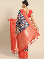 Thumbnail for Navy Blue Art Silk Printed Kalamkari Saree with Unstitched Blouse - Hiral Fashion - Distacart