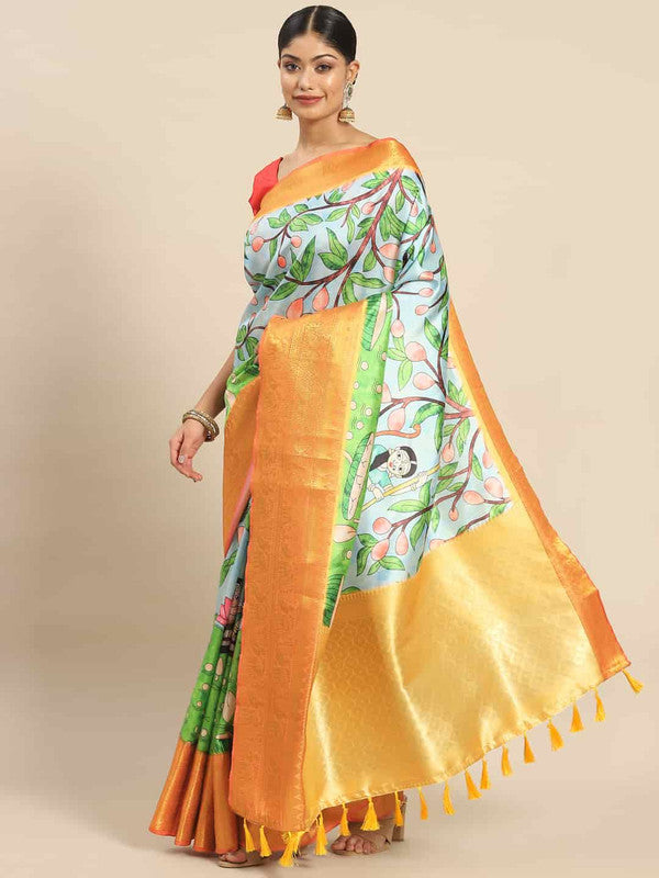 Blue Art Silk Printed Kalamkari Saree with Unstitched Blouse - Hiral Fashion
