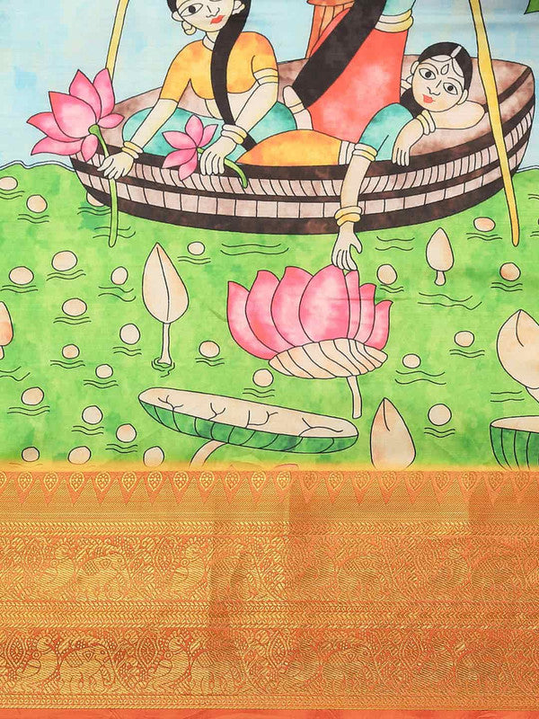 Blue Art Silk Printed Kalamkari Saree with Unstitched Blouse - Hiral Fashion