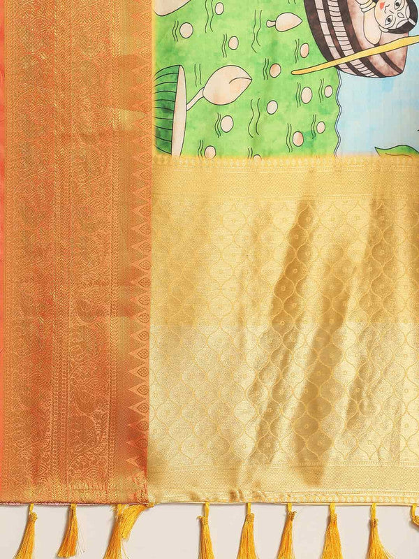 Blue Art Silk Printed Kalamkari Saree with Unstitched Blouse - Hiral Fashion