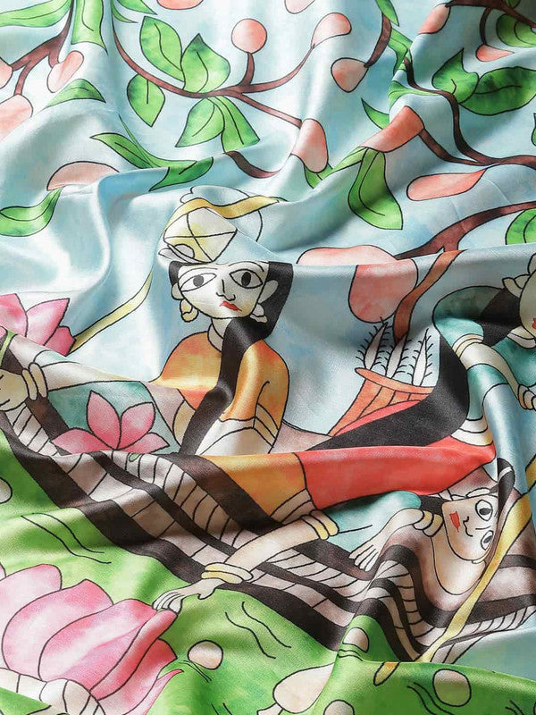 Blue Art Silk Printed Kalamkari Saree with Unstitched Blouse - Hiral Fashion - Distacart