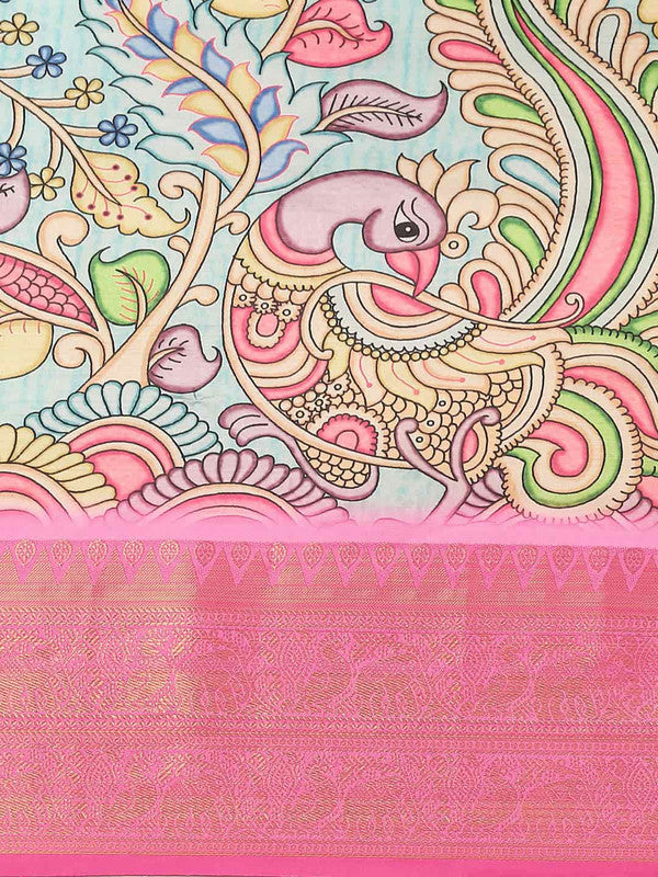 Blue Art Silk Printed Kalamkari Saree with Unstitched Blouse - Hiral Fashion - Distacart