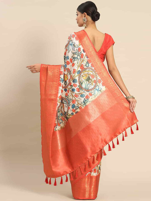 White Art Silk Printed Kalamkari Saree with Unstitched Blouse - Hiral Fashion - Distacart
