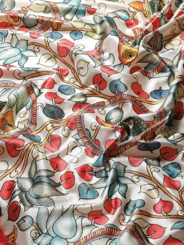 White Art Silk Printed Kalamkari Saree with Unstitched Blouse - Hiral Fashion - Distacart