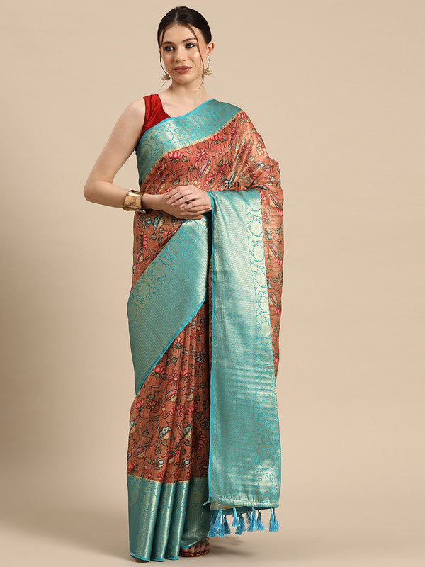 Peach Munga Silk Digital Print Floral Saree with Unstitched Blouse - Hiral Fashion