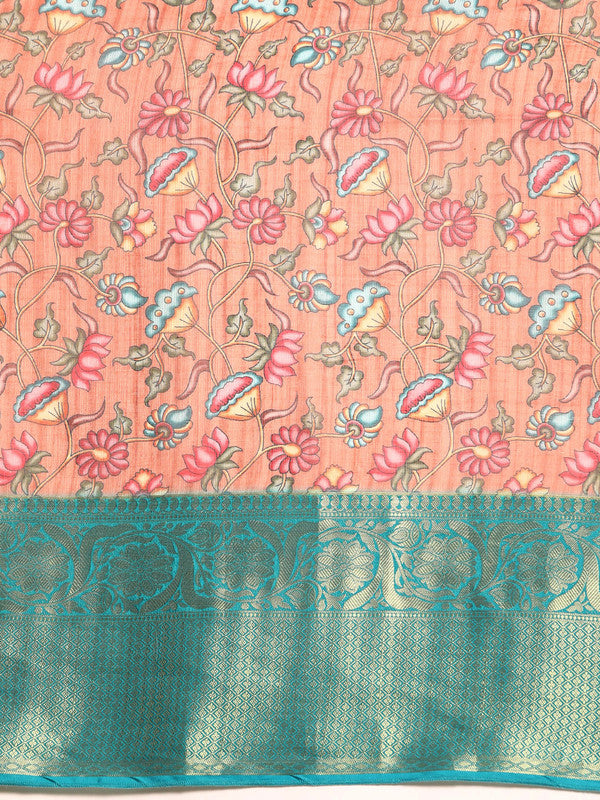 Peach Munga Silk Digital Print Floral Saree with Unstitched Blouse - Hiral Fashion