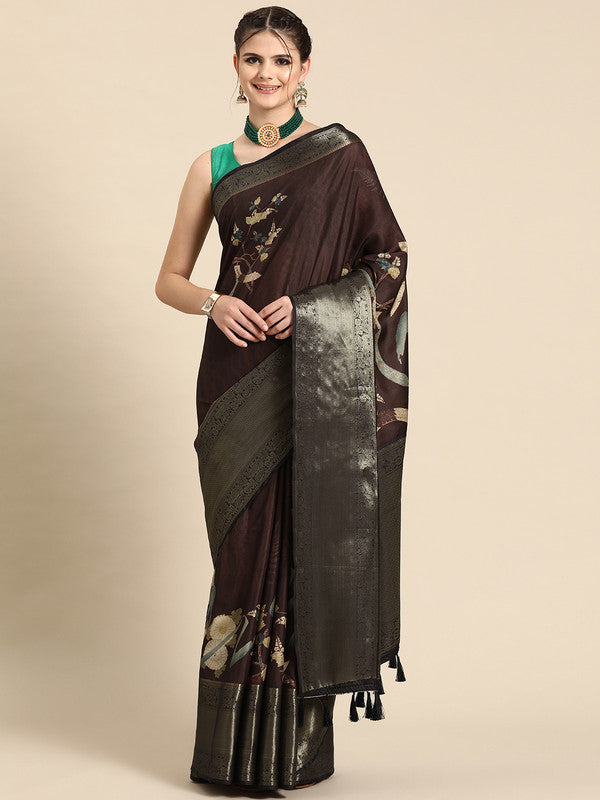 Brown Kanchipuram Silk Digital Print Floral Saree with Unstitched Blouse - Hiral Fashion - Distacart