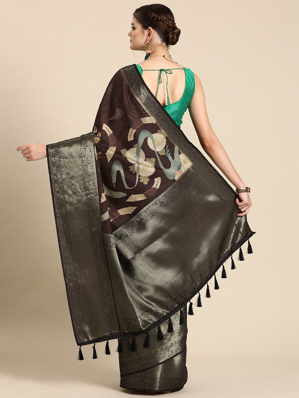 Brown Kanchipuram Silk Digital Print Floral Saree with Unstitched Blouse - Hiral Fashion - Distacart