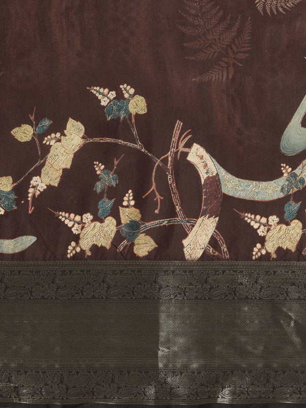 Brown Kanchipuram Silk Digital Print Floral Saree with Unstitched Blouse - Hiral Fashion - Distacart
