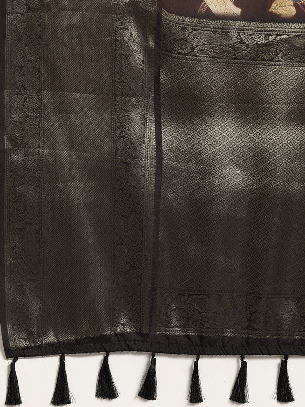 Brown Kanchipuram Silk Digital Print Floral Saree with Unstitched Blouse - Hiral Fashion - Distacart
