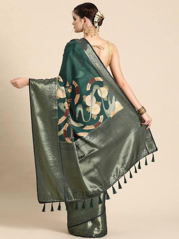 Green Kanchipuram Silk Digital Print Floral Saree with Unstitched Blouse - Hiral Fashion - Distacart