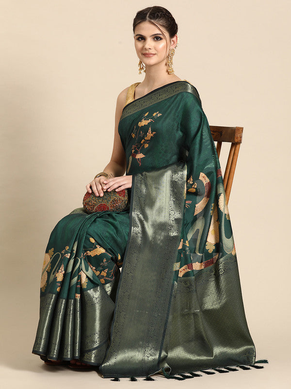 Green Kanchipuram Silk Digital Print Floral Saree with Unstitched Blouse - Hiral Fashion - Distacart
