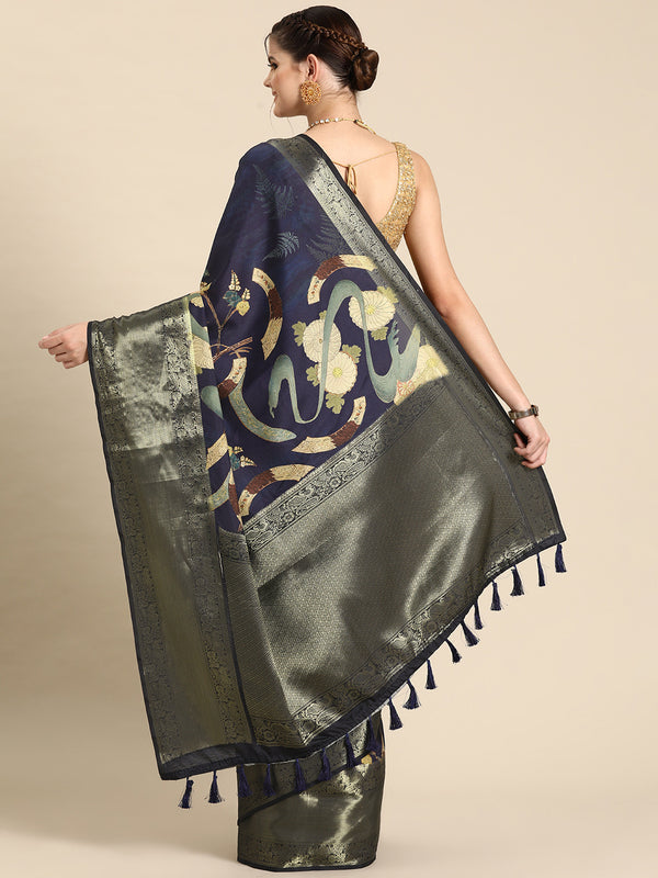 Navy Blue Kanchipuram Silk Digital Print Floral Saree with Unstitched Blouse - Hiral Fashion - Distacart