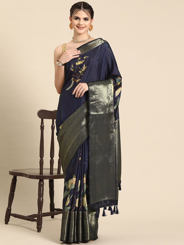 Navy Blue Kanchipuram Silk Digital Print Floral Saree with Unstitched Blouse - Hiral Fashion - Distacart