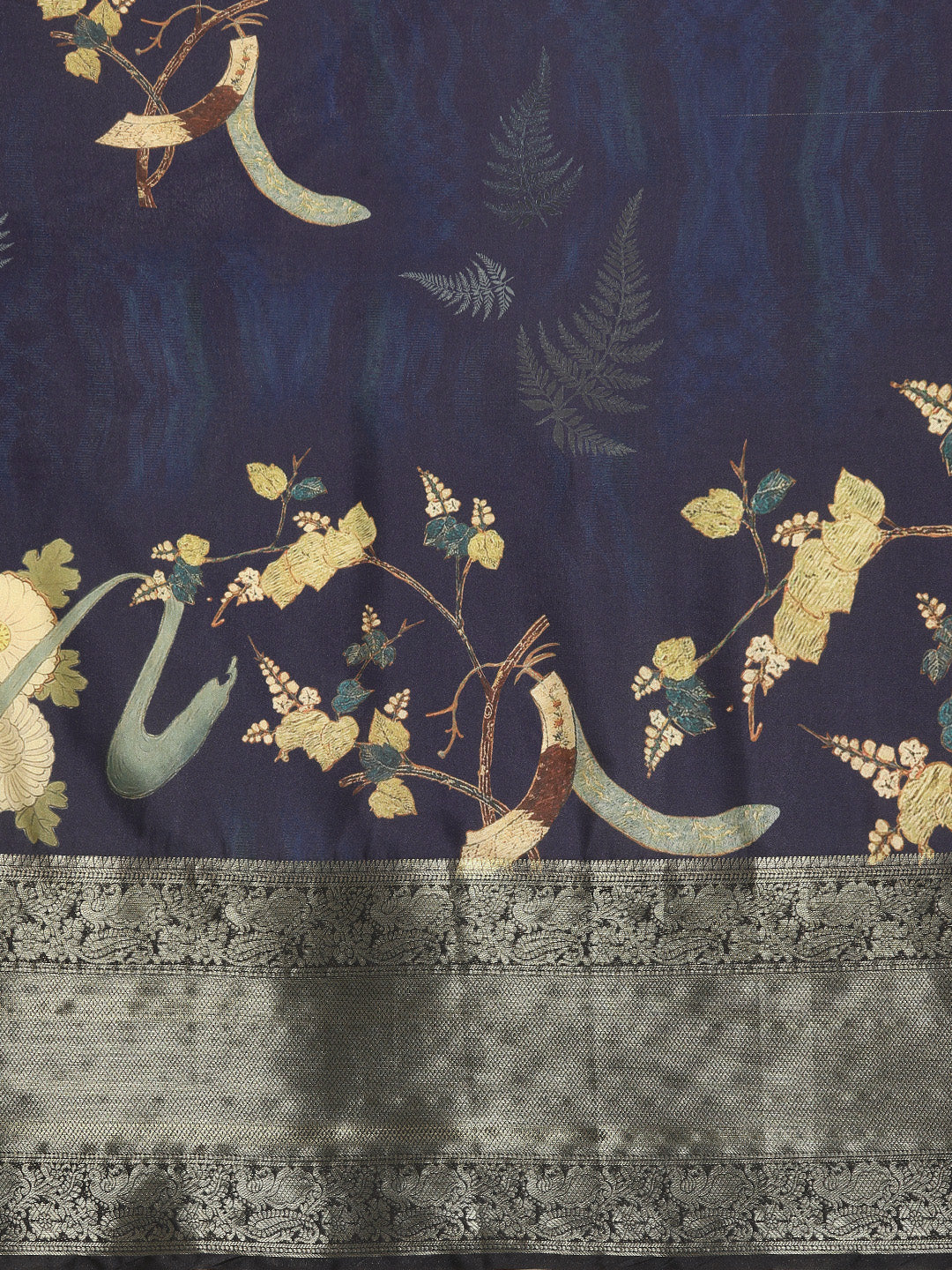 Navy Blue Kanchipuram Silk Digital Print Floral Saree with Unstitched Blouse - Hiral Fashion - Distacart