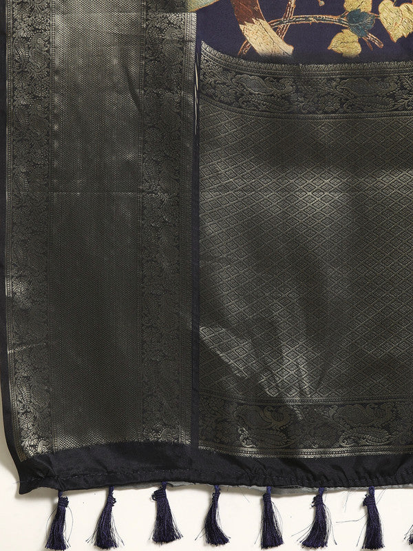Navy Blue Kanchipuram Silk Digital Print Floral Saree with Unstitched Blouse - Hiral Fashion - Distacart