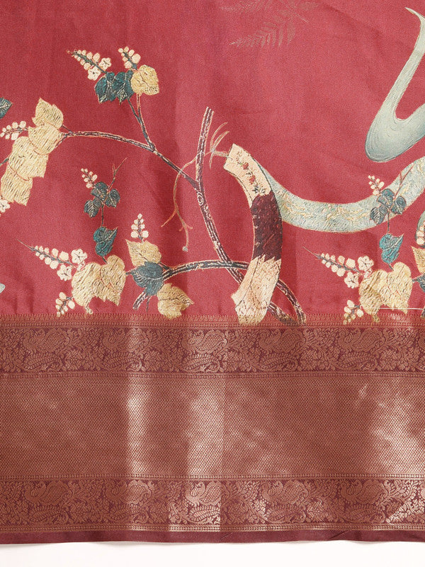 Red Kanchipuram Silk Digital Print Floral Saree with Unstitched Blouse - Hiral Fashion - Distacart