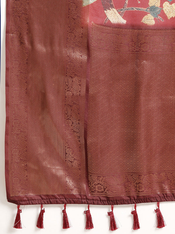 Red Kanchipuram Silk Digital Print Floral Saree with Unstitched Blouse - Hiral Fashion - Distacart