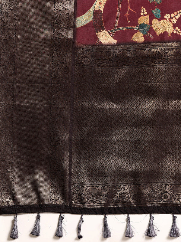 Purple Kanchipuram Silk Digital Print Floral Saree with Unstitched Blouse - Hiral Fashion - Distacart