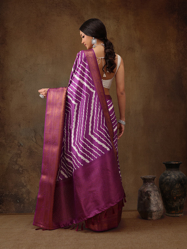 Lavender Silk Blend Digital Print Striped Saree with Unstitched Blouse - Hiral Fashion