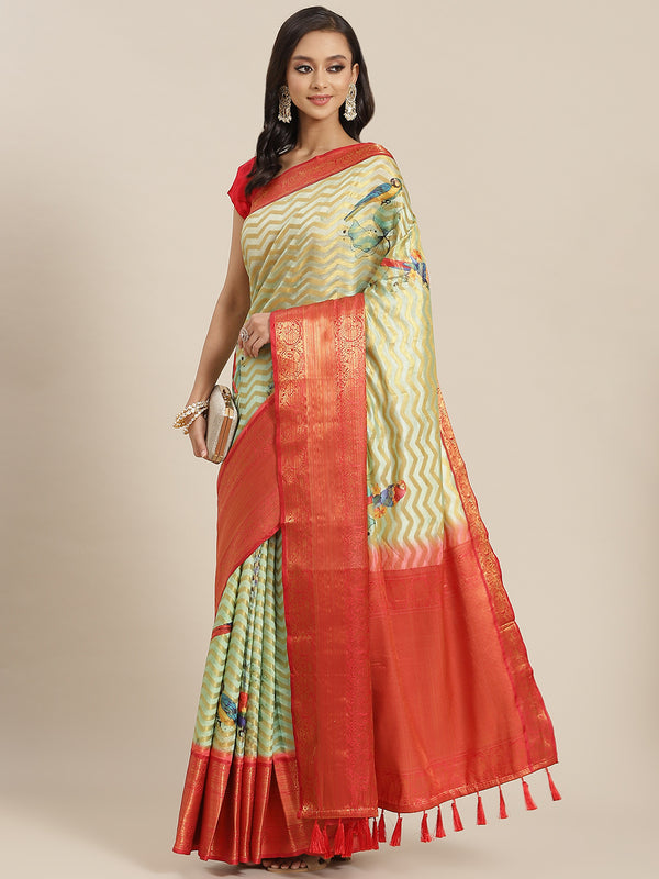 Green Art Silk Printed Abstract Saree with Unstitched Blouse - Hiral Fashion - Distacart