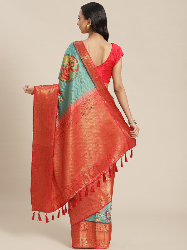 Turquoise Art Silk Printed Abstract Saree with Unstitched Blouse - Hiral Fashion - Distacart