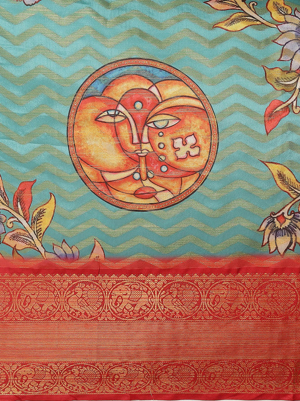 Turquoise Art Silk Printed Abstract Saree with Unstitched Blouse - Hiral Fashion - Distacart