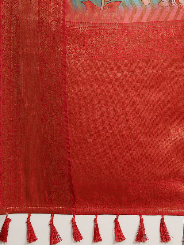 Turquoise Art Silk Printed Abstract Saree with Unstitched Blouse - Hiral Fashion - Distacart