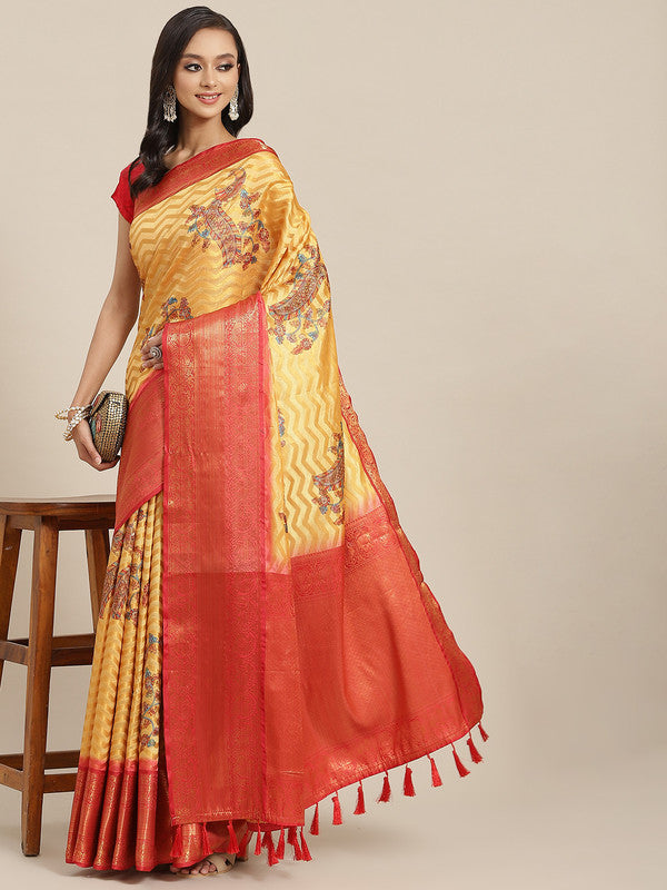 Yellow Art Silk Printed Abstract Saree with Unstitched Blouse - Hiral Fashion - Distacart