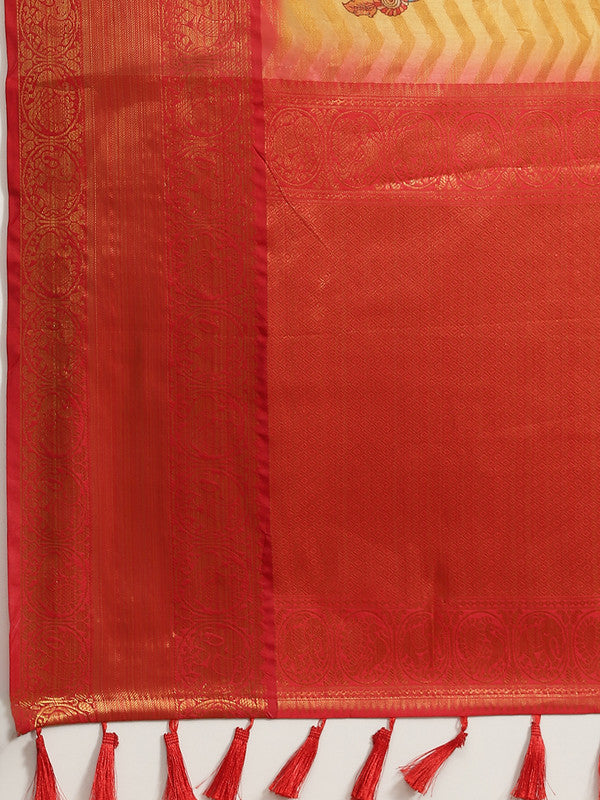 Yellow Art Silk Printed Abstract Saree with Unstitched Blouse - Hiral Fashion - Distacart