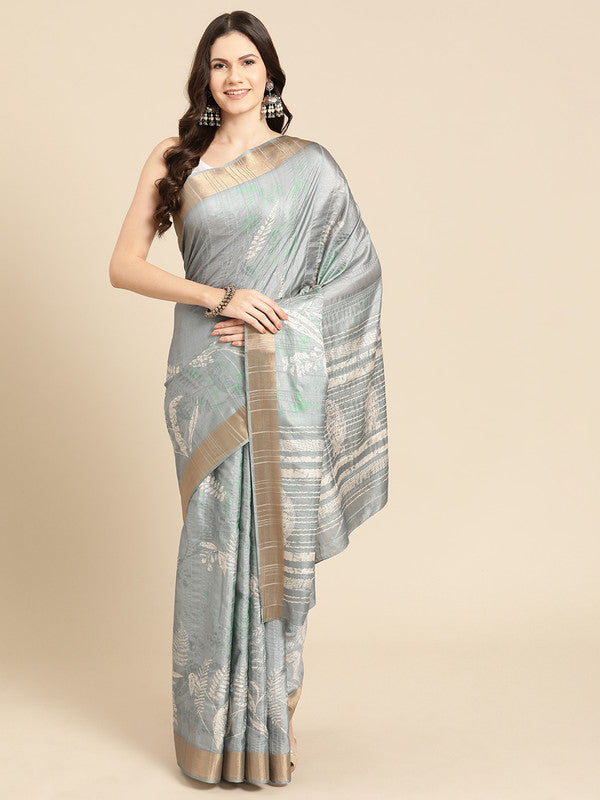 Gray Silk Blend Digital Print Floral Saree with Unstitched Blouse - Hiral Fashion