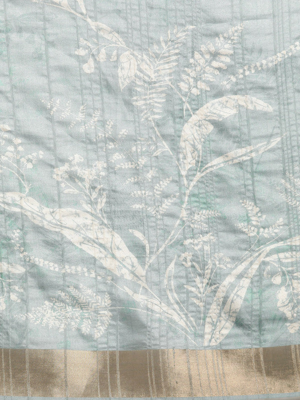 Gray Silk Blend Digital Print Floral Saree with Unstitched Blouse - Hiral Fashion