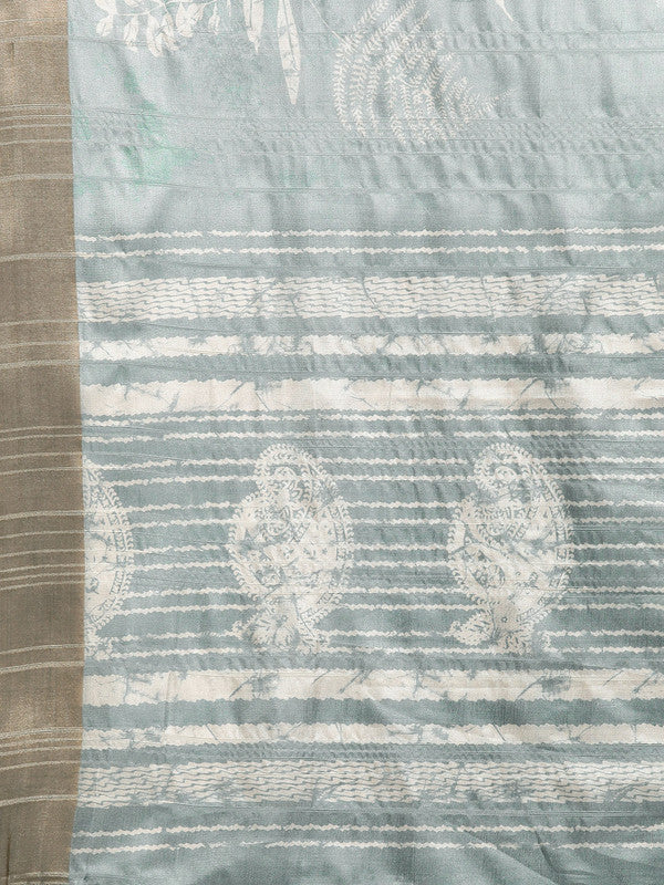 Gray Silk Blend Digital Print Floral Saree with Unstitched Blouse - Hiral Fashion