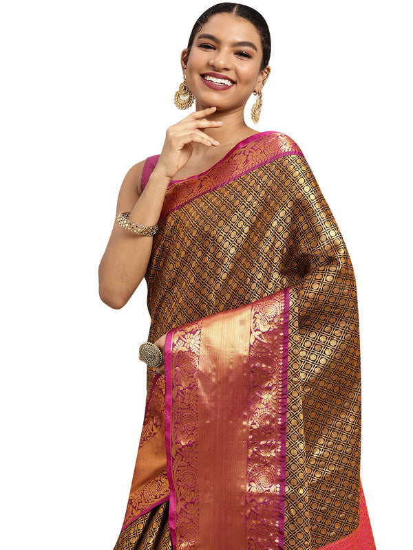 Black Pure Silk Woven Zari Design Polka Dots Saree with Unstitched Blouse - Hiral Fashion - Distacart