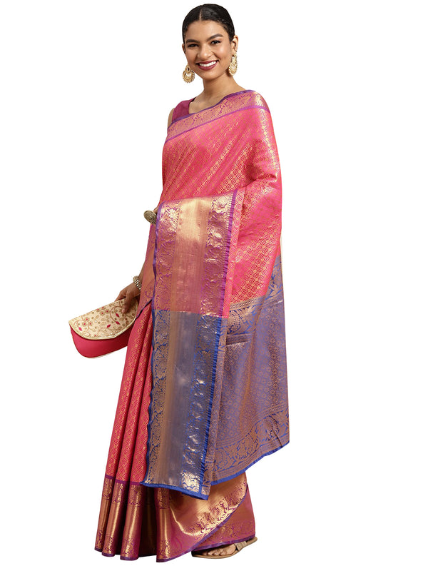 Pink Pure Silk Woven Zari Design Polka Dots Saree with Unstitched Blouse - Hiral Fashion - Distacart