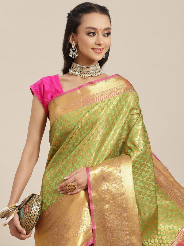 Green Brocade Woven Zari Design Paisely Saree with Unstitched Blouse - Hiral Fashion - Distacart