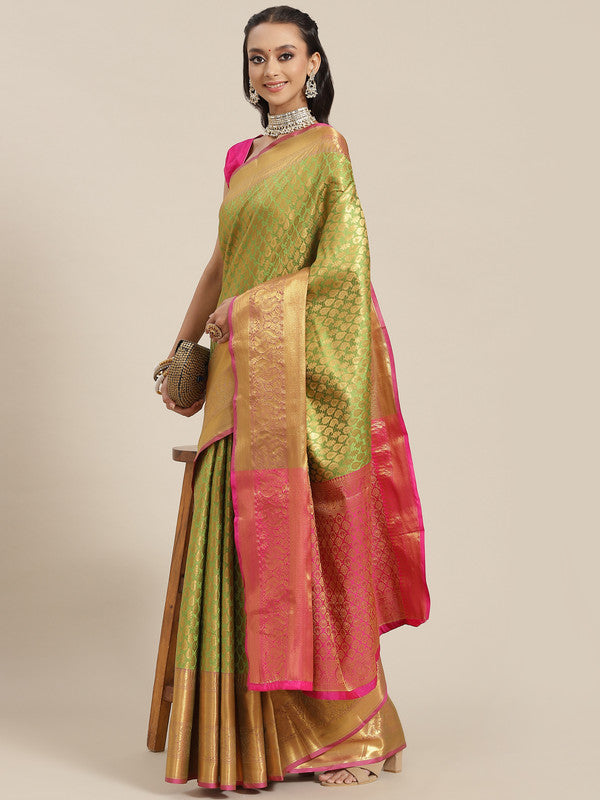 Green Brocade Woven Zari Design Paisely Saree with Unstitched Blouse - Hiral Fashion - Distacart
