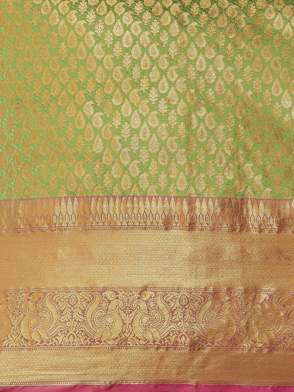 Green Brocade Woven Zari Design Paisely Saree with Unstitched Blouse - Hiral Fashion - Distacart