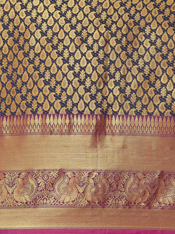 Navy Blue Brocade Woven Zari Design Paisely Saree with Unstitched Blouse - Hiral Fashion - Distacart