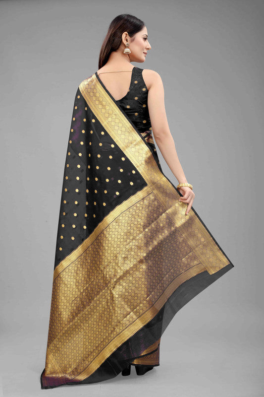 Black Pure Silk Zari Woven Polka Dots Saree with Unstitched Blouse - Hiral Fashion - Distacart