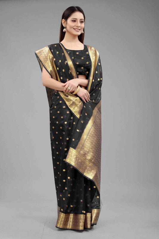 Black Pure Silk Zari Woven Polka Dots Saree with Unstitched Blouse - Hiral Fashion - Distacart