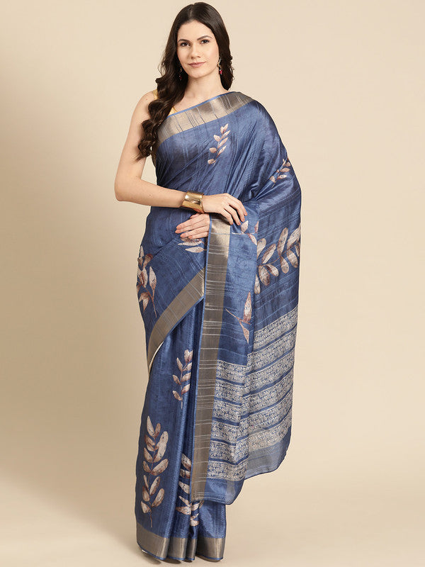 Blue Silk Blend Digital Print Floral Saree with Unstitched Blouse - Hiral Fashion - Distacart