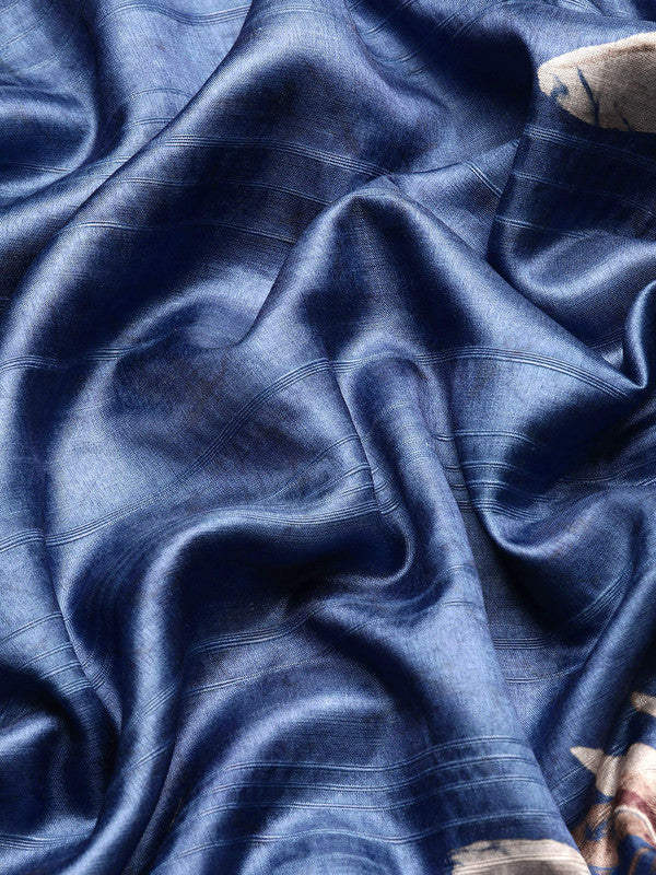 Blue Silk Blend Digital Print Floral Saree with Unstitched Blouse - Hiral Fashion - Distacart