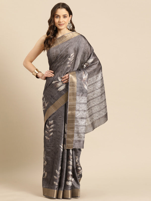 Brown Silk Blend Digital Print Floral Saree with Unstitched Blouse - Hiral Fashion - Distacart